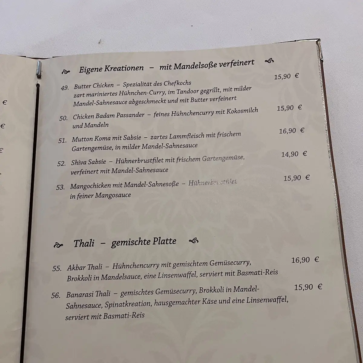 Speisekarte, Shiva Indisches Restaurant
