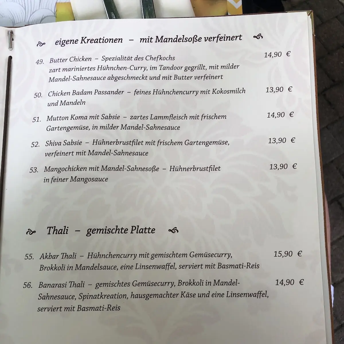 Speisekarte, Shiva Indisches Restaurant