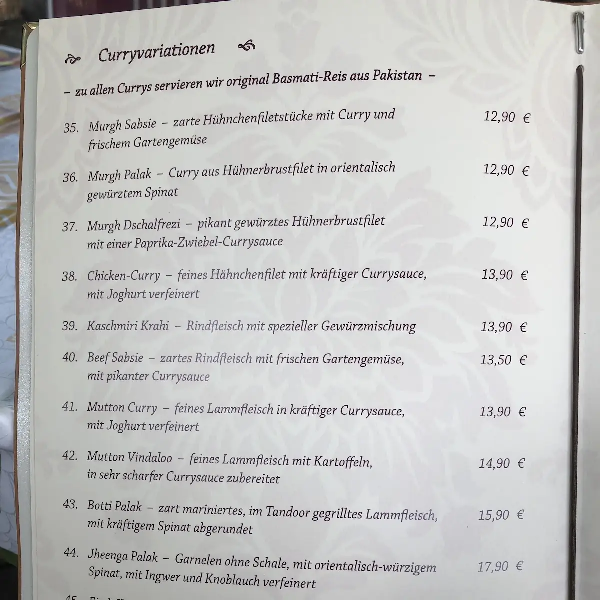Speisekarte, Shiva Indisches Restaurant