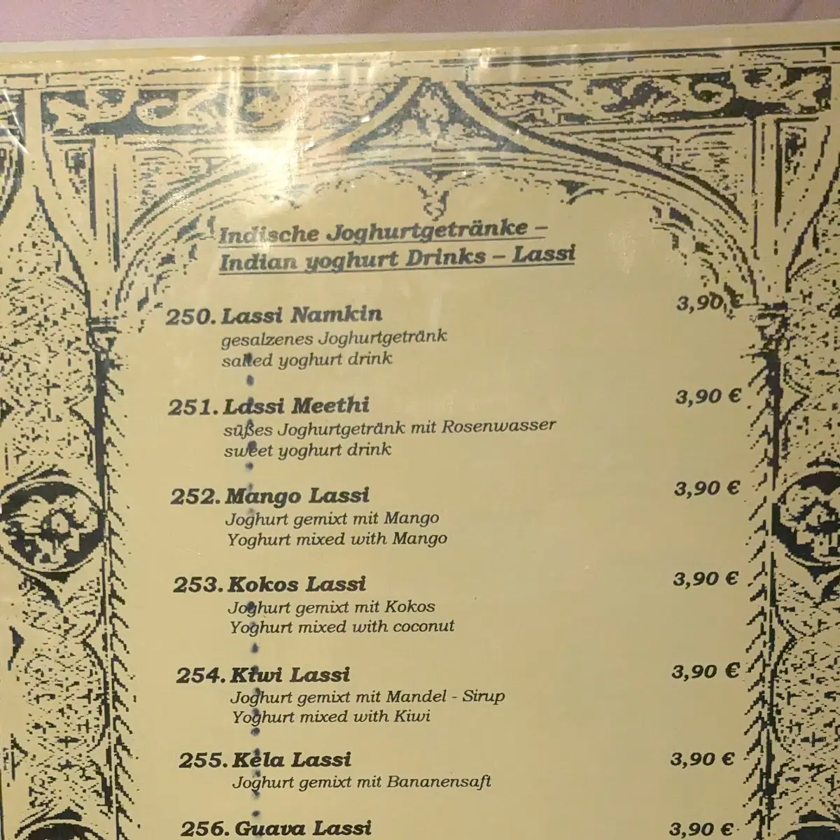 Speisekarte, Restaurant Indienhaus