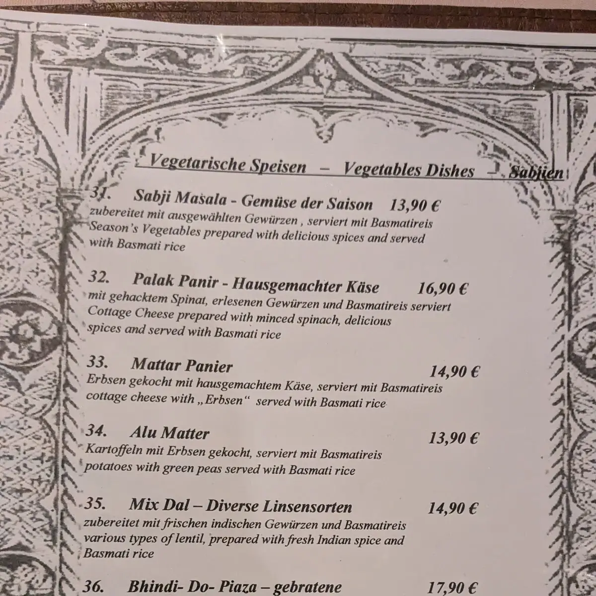 Speisekarte, Restaurant Indienhaus