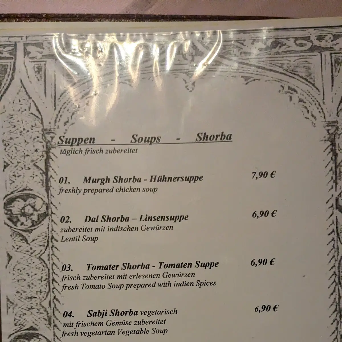 Speisekarte, Restaurant Indienhaus