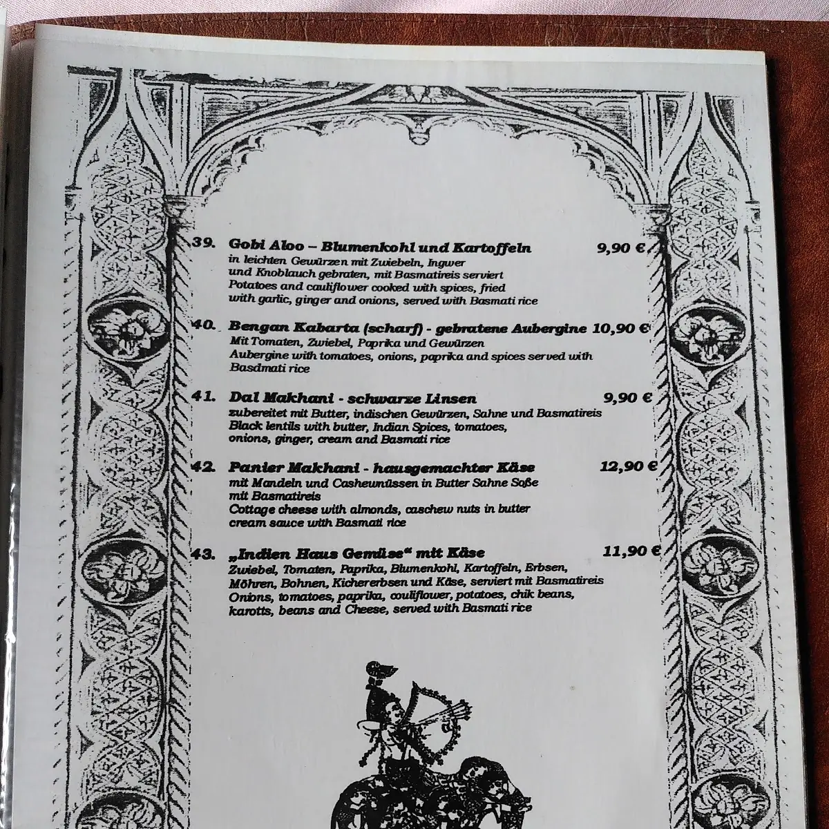 Speisekarte, Restaurant Indienhaus