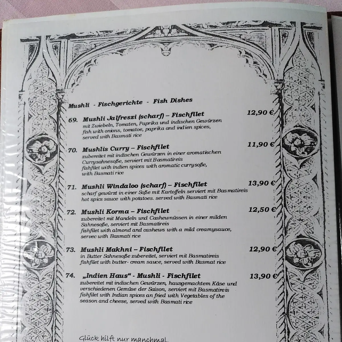 Speisekarte, Restaurant Indienhaus