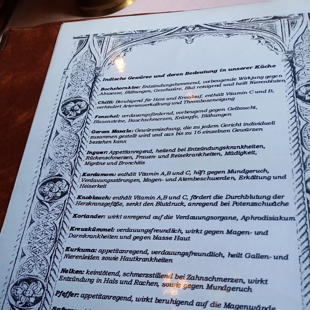 Speisekarte, Restaurant Indienhaus