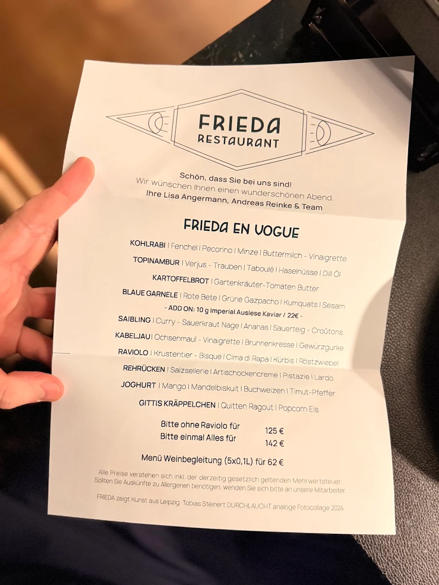 Speisekarte, FRIEDA Restaurant