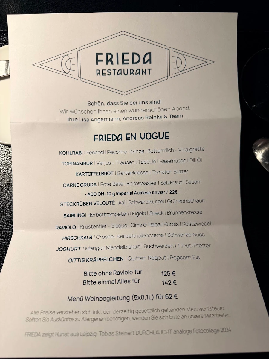 Speisekarte, FRIEDA Restaurant