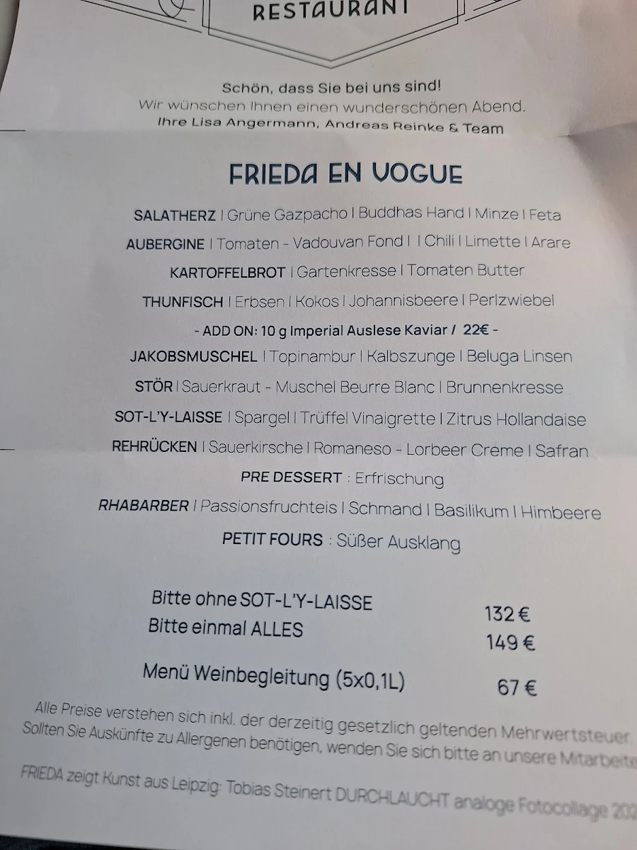 Speisekarte, FRIEDA Restaurant