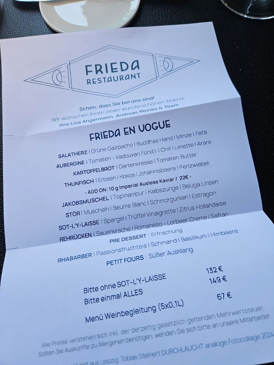 Speisekarte, FRIEDA Restaurant