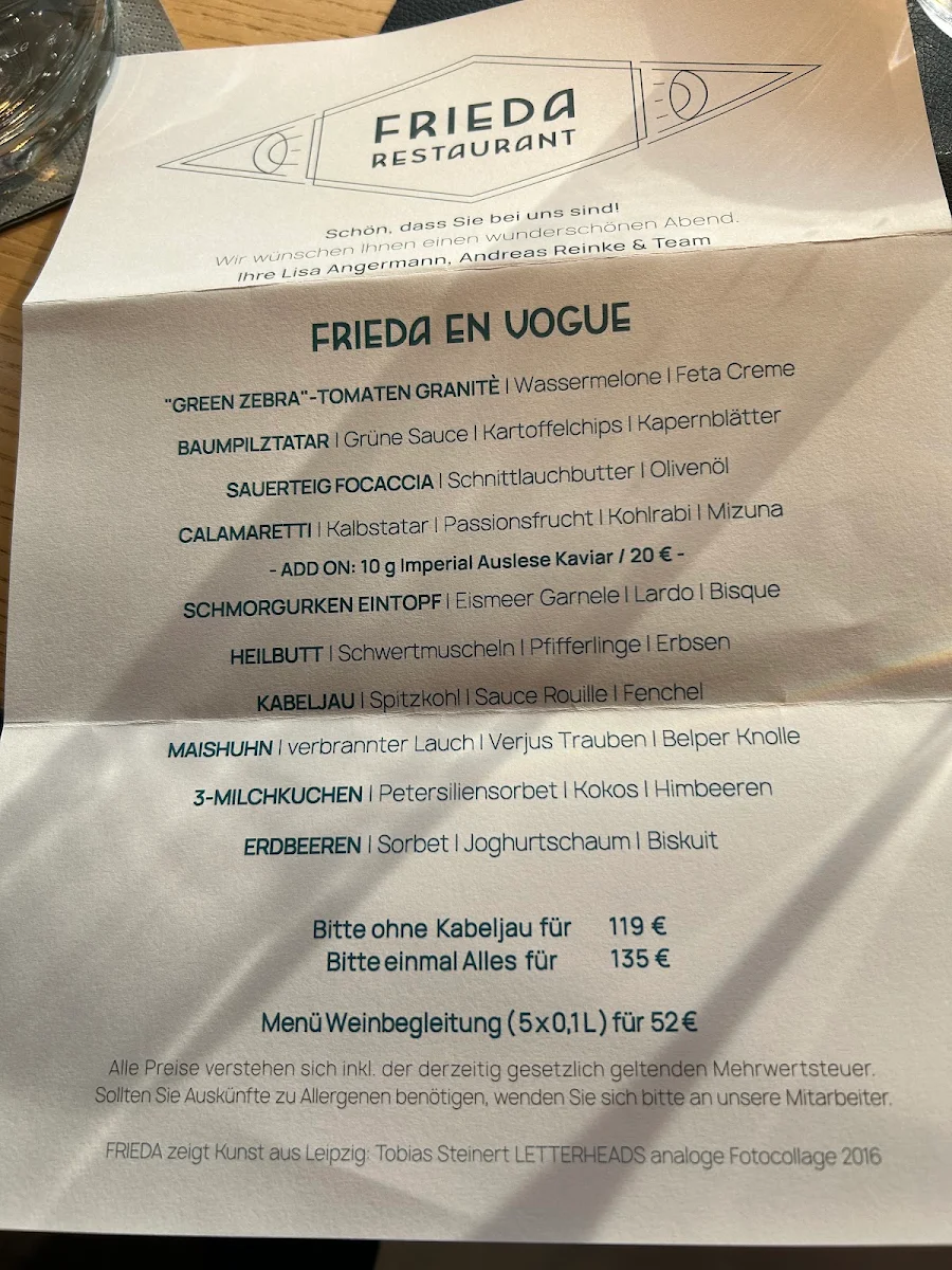 Speisekarte, FRIEDA Restaurant