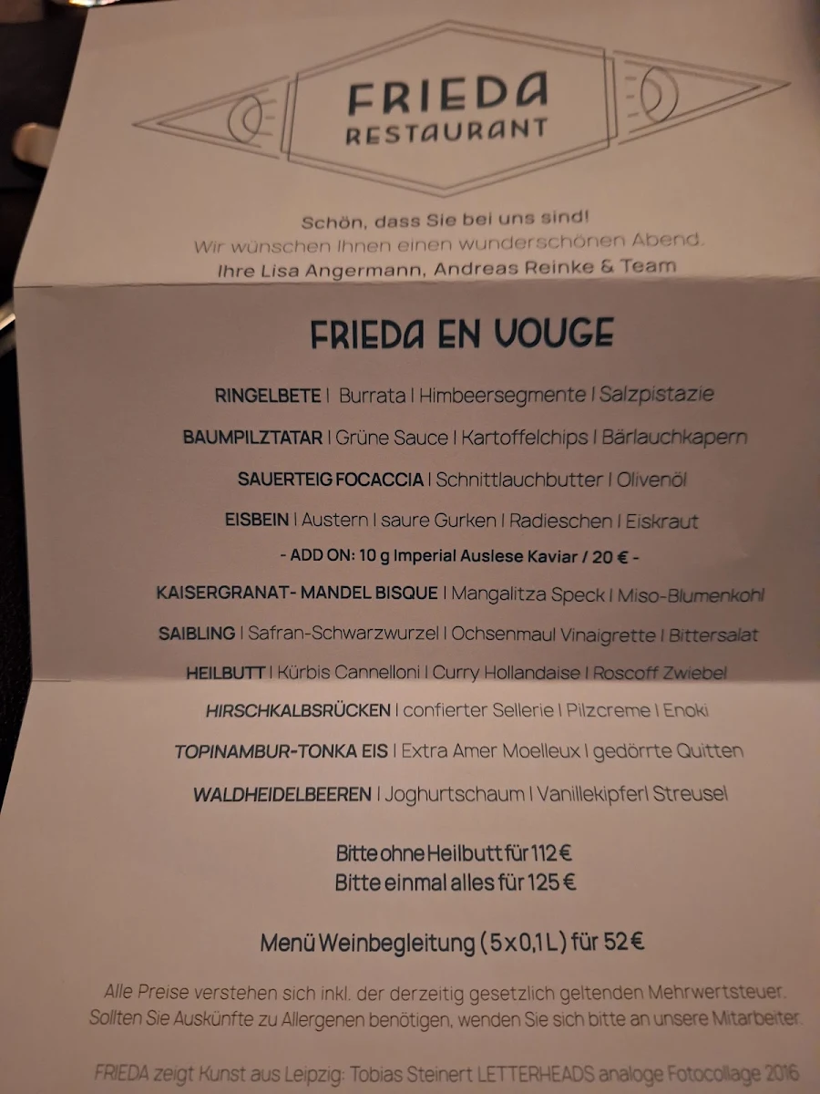 Speisekarte, FRIEDA Restaurant