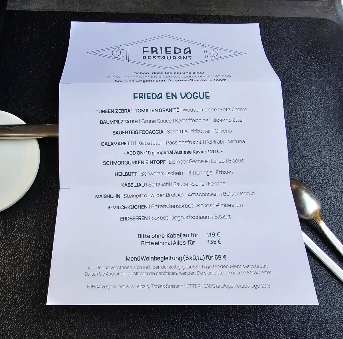 Speisekarte, FRIEDA Restaurant