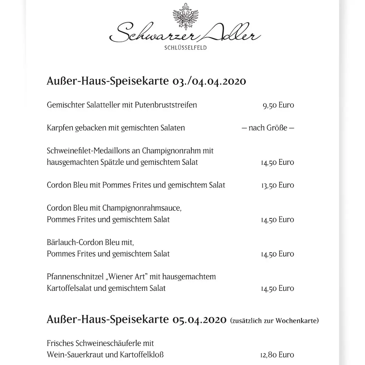 Speisekarte, Schwarzer Adler