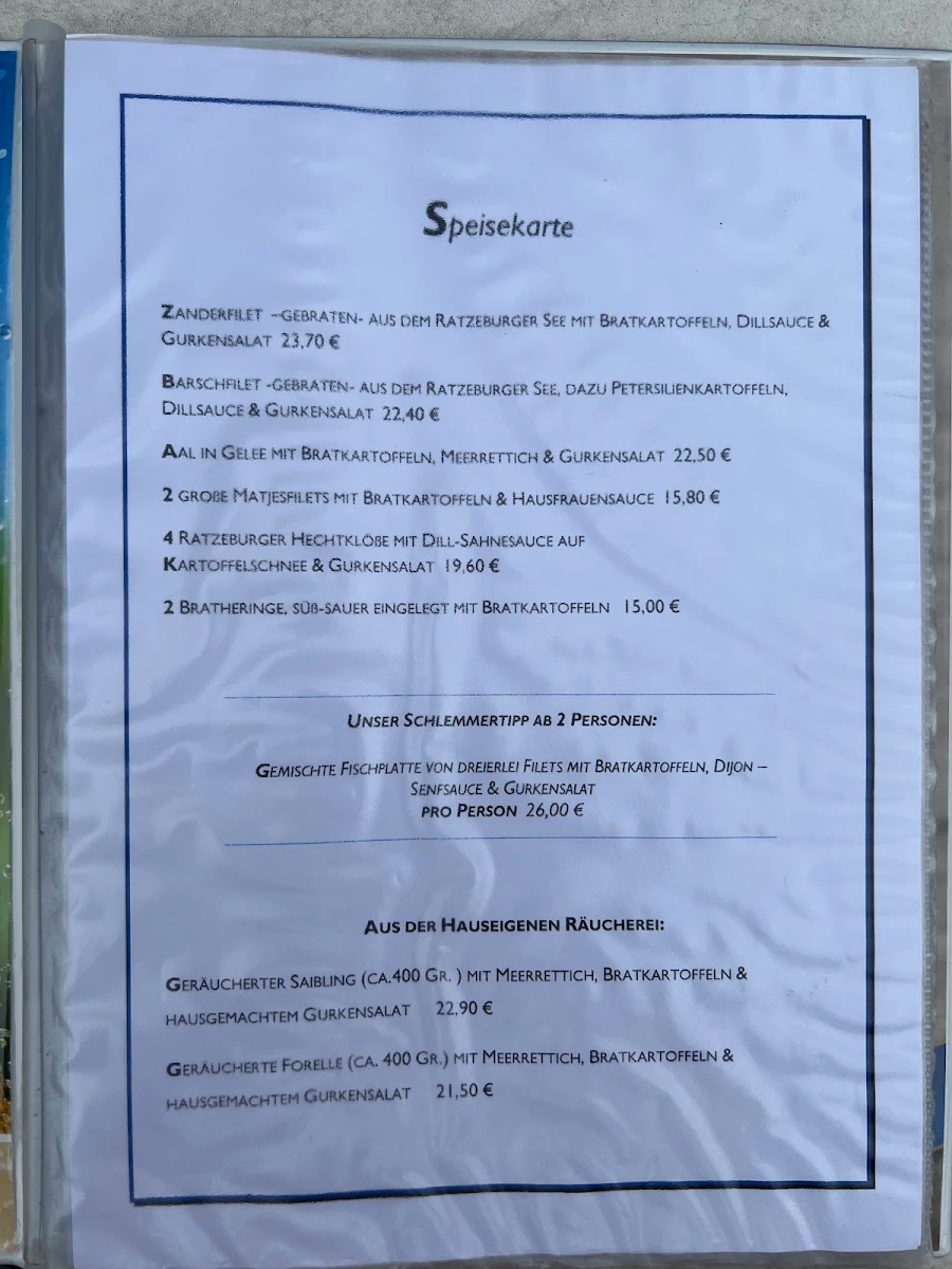 Speisekarte, Fischerstube Ratzeburg