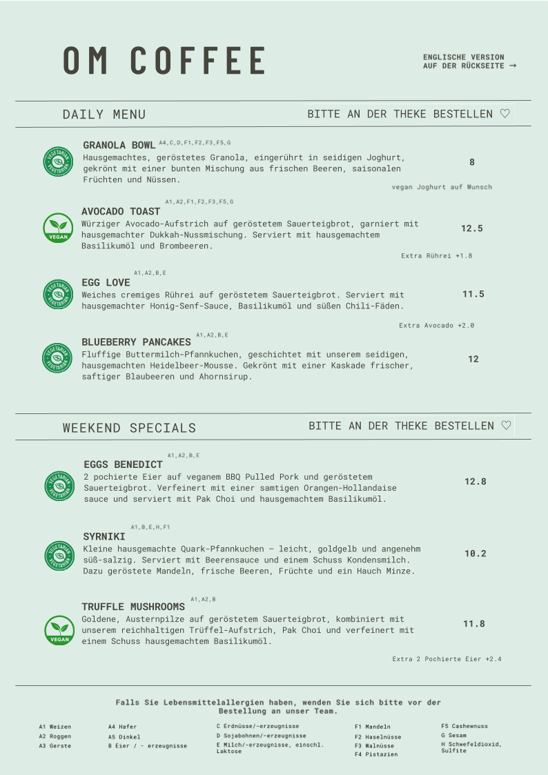 Speisekarte, OM Coffee & Brunch