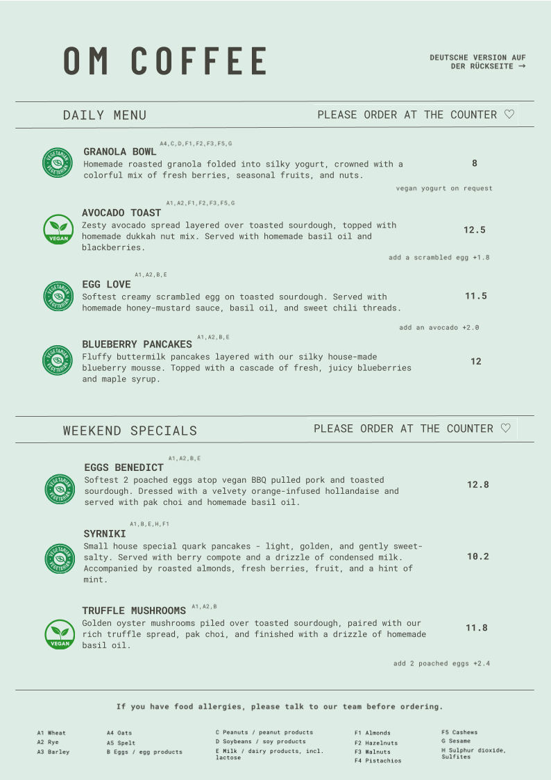 Speisekarte, OM Coffee & Brunch