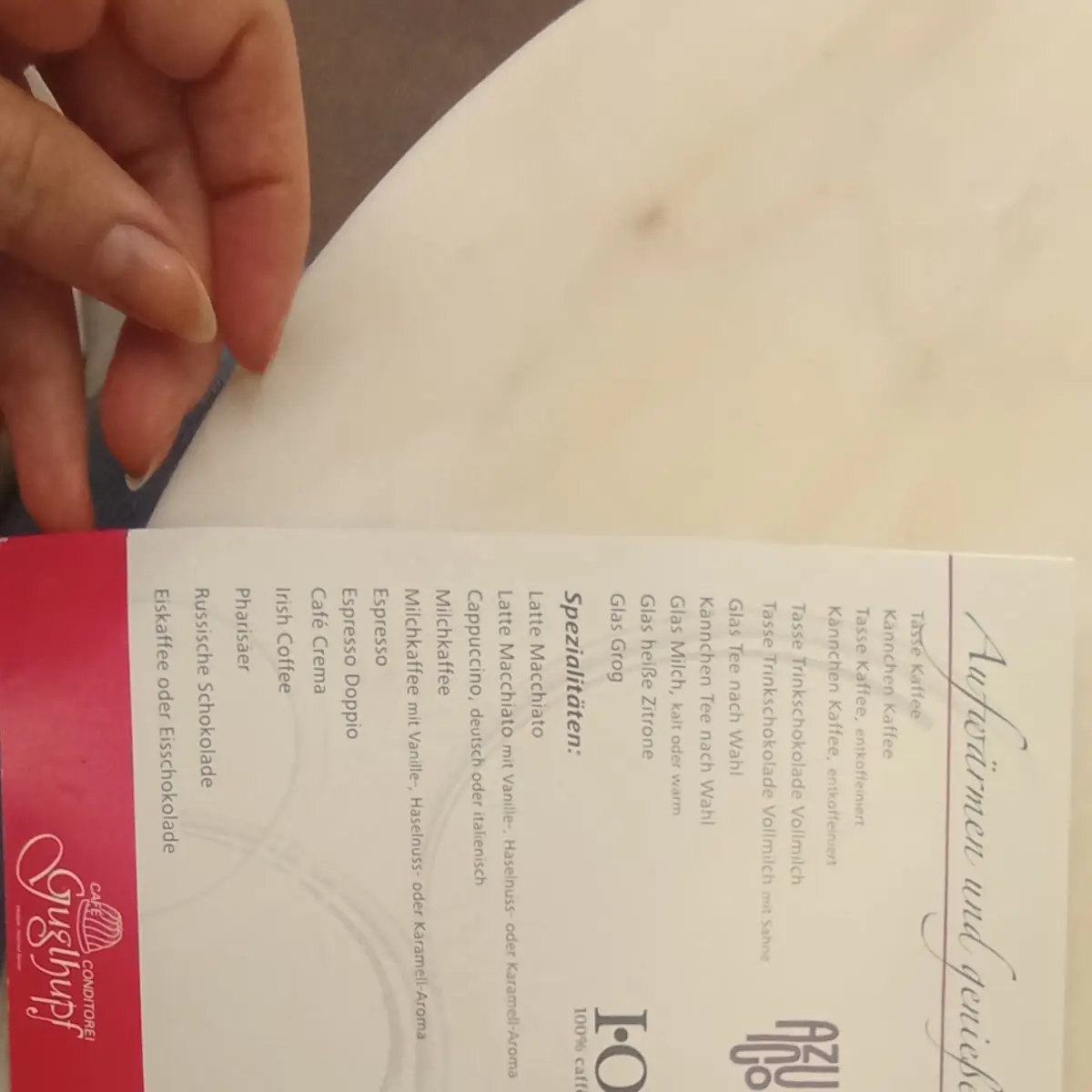 Speisekarte, Café Konditorei Guglhupf