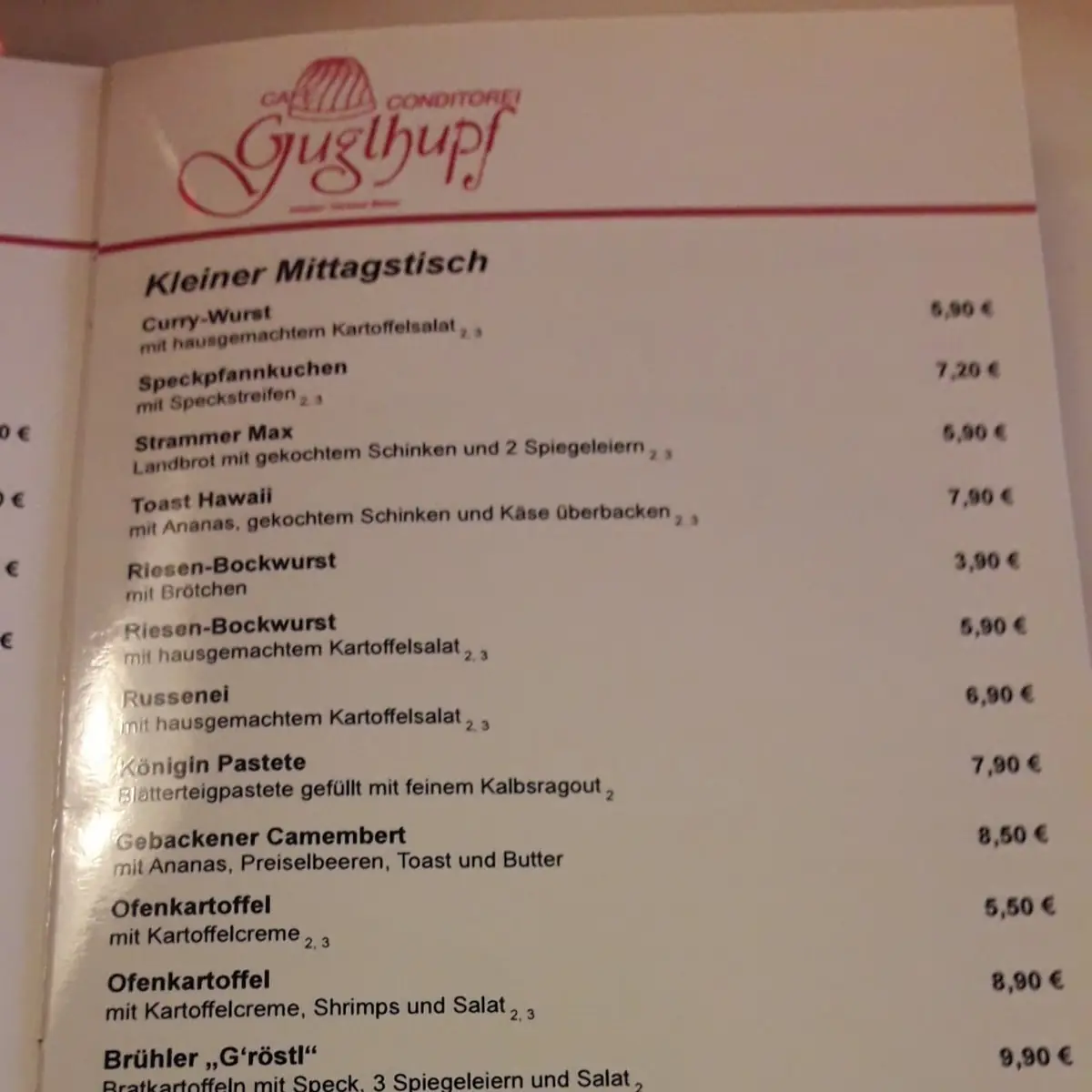 Speisekarte, Café Konditorei Guglhupf