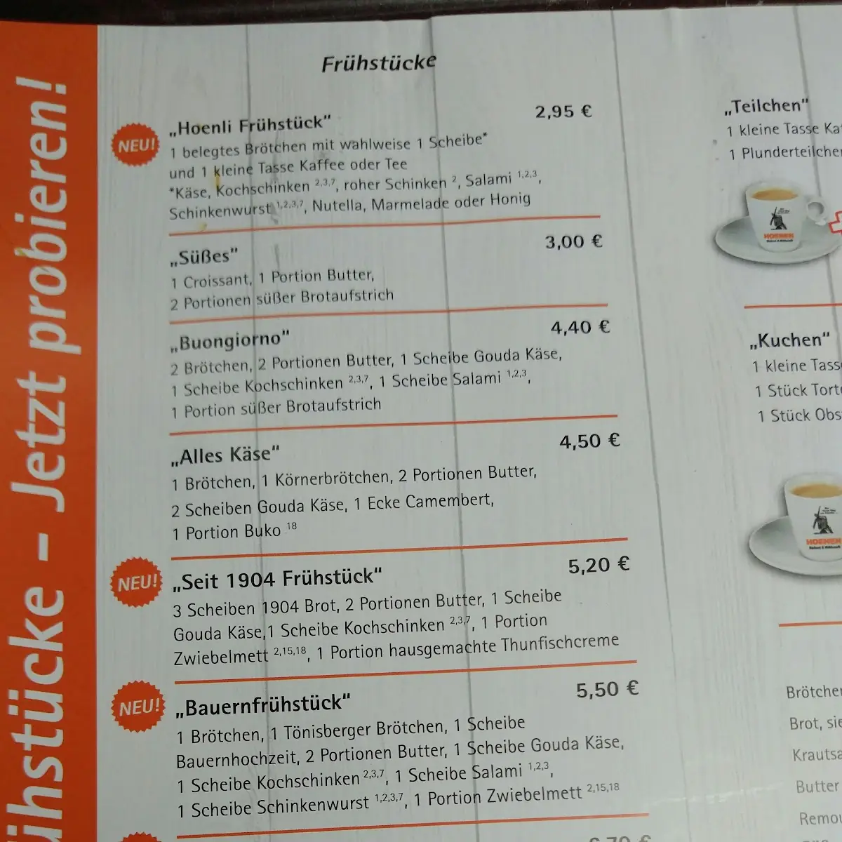 Speisekarte, Bäckerei Hoenen