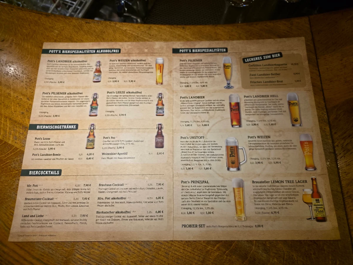 Speisekarte, Pott's Brau- & Backhaus