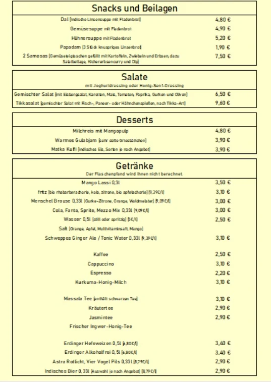 Speisekarte, Kurkuma - indian food