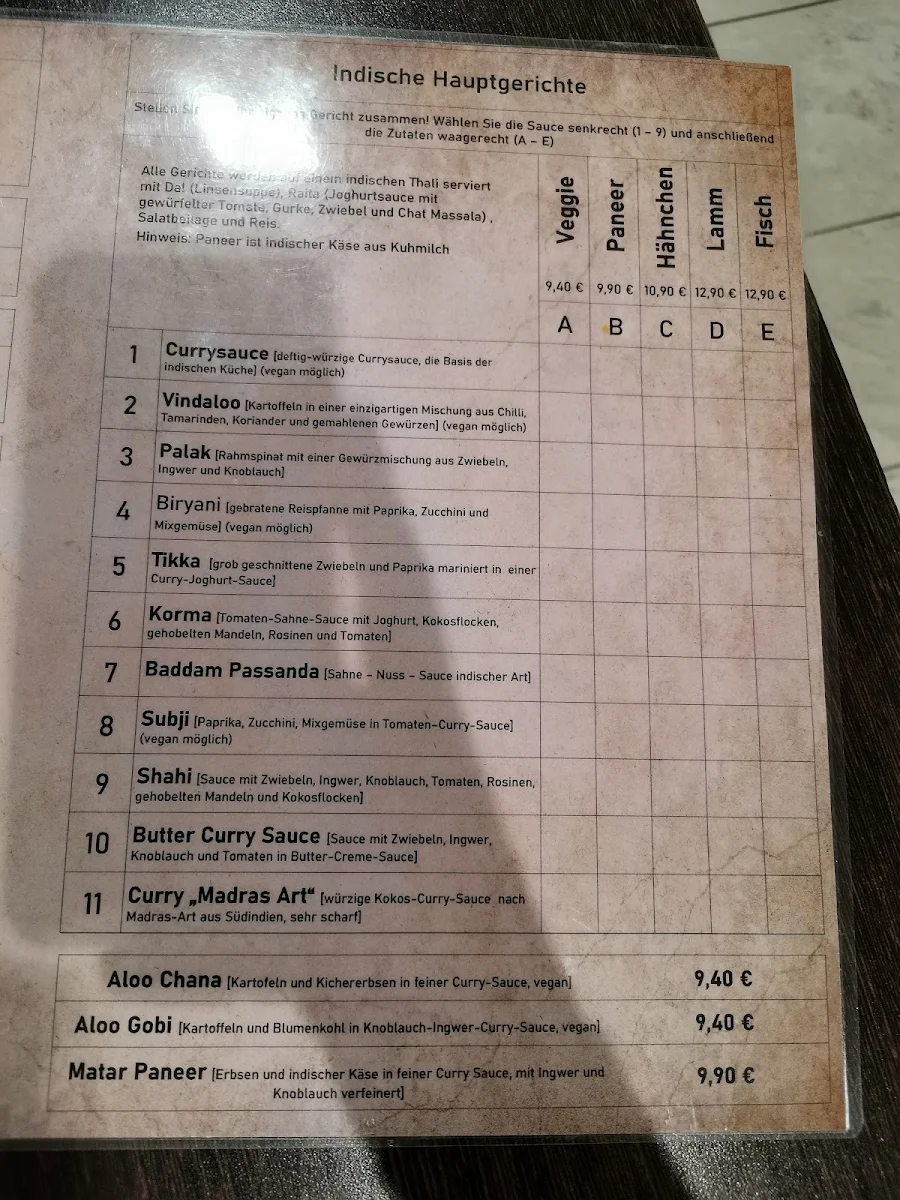 Speisekarte, Kurkuma - indian food