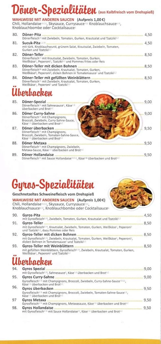 Speisekarte, Sky Pizza Service