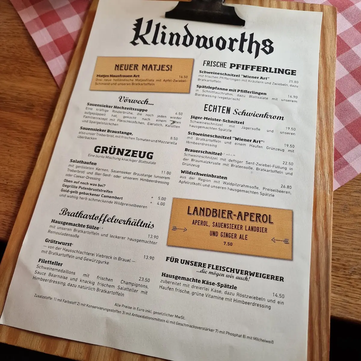 Speisekarte, KLINDWORTHS GASTHOF