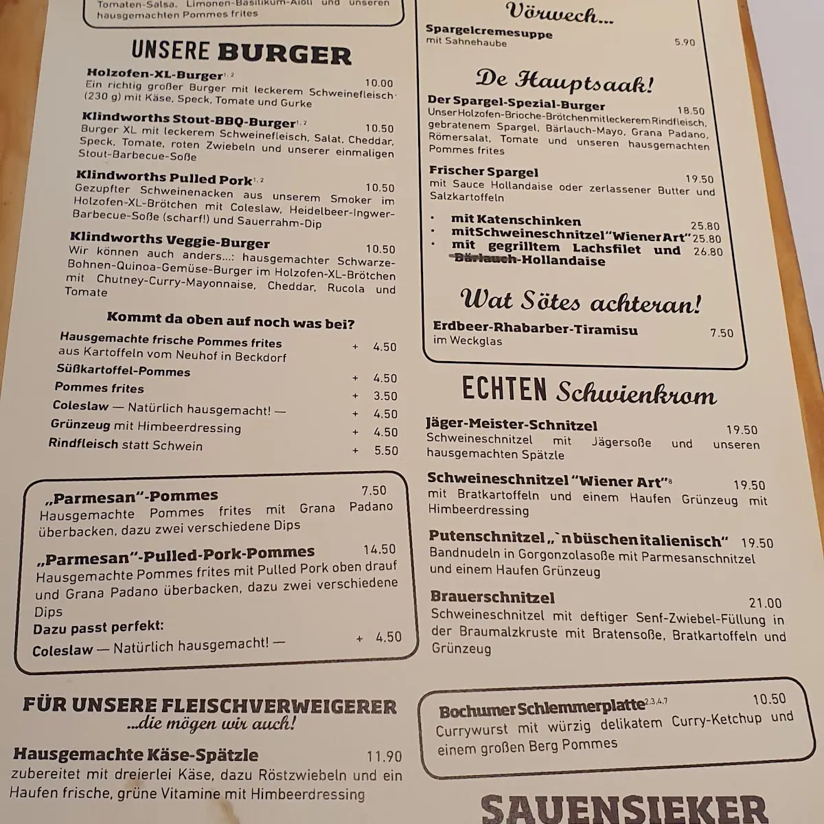 Speisekarte, KLINDWORTHS GASTHOF