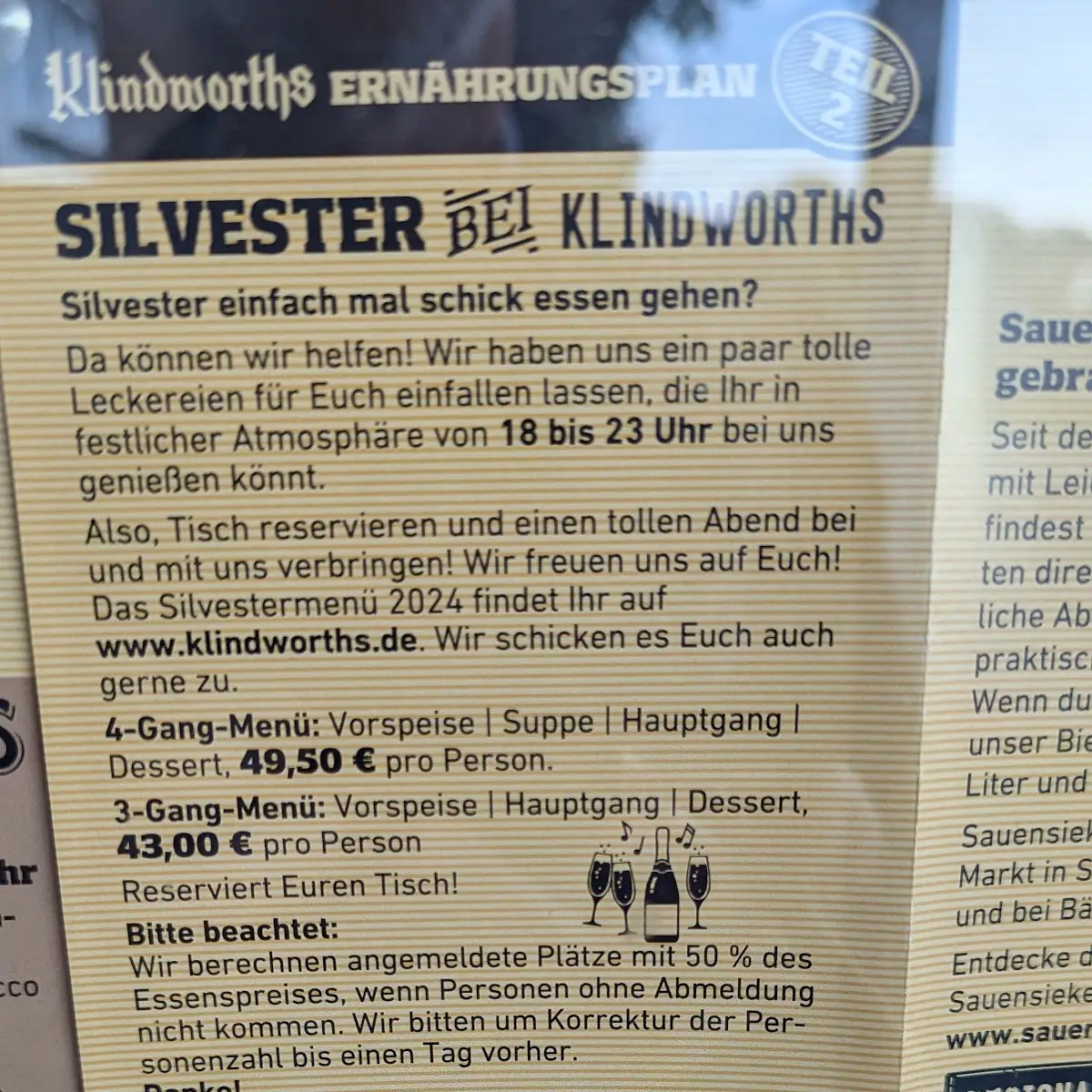 Speisekarte, KLINDWORTHS GASTHOF