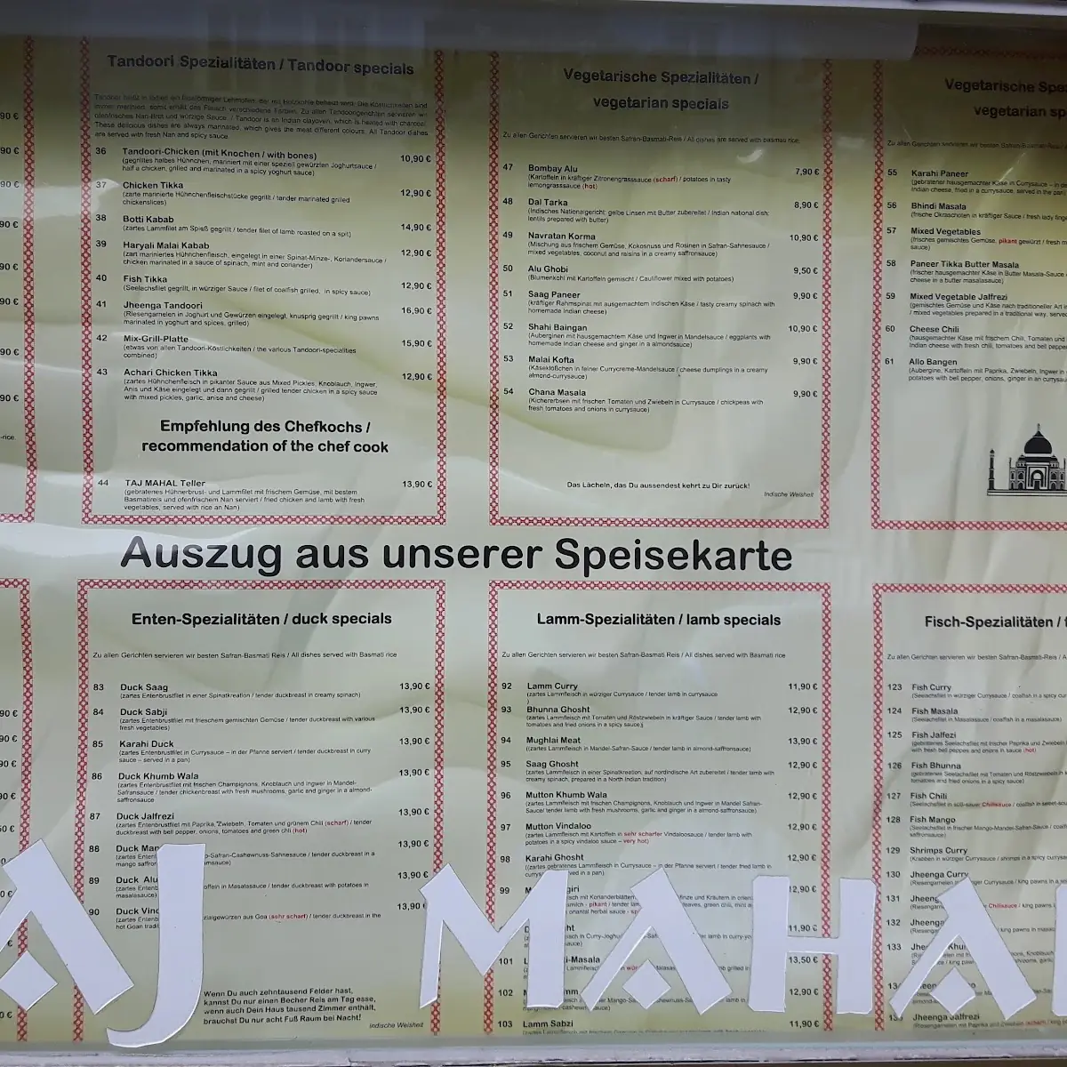 Speisekarte, Restaurant Taj Mahal - Ingolstadt
