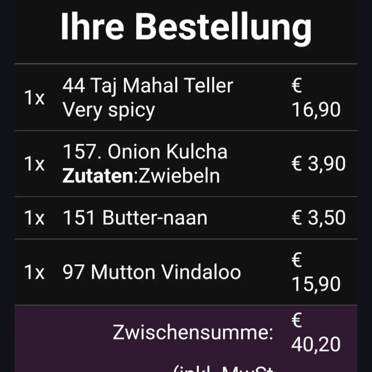 Speisekarte, Restaurant Taj Mahal - Ingolstadt