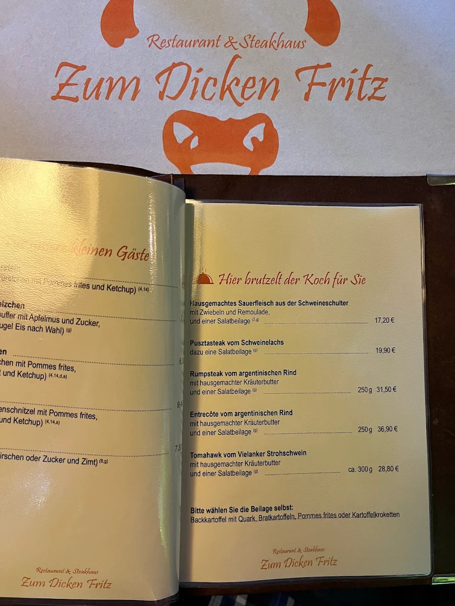 Speisekarte, Gasthaus Zum dicken Fritz