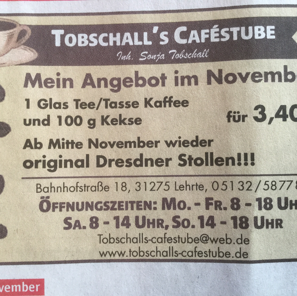 Speisekarte, Tobschalls Caféstube