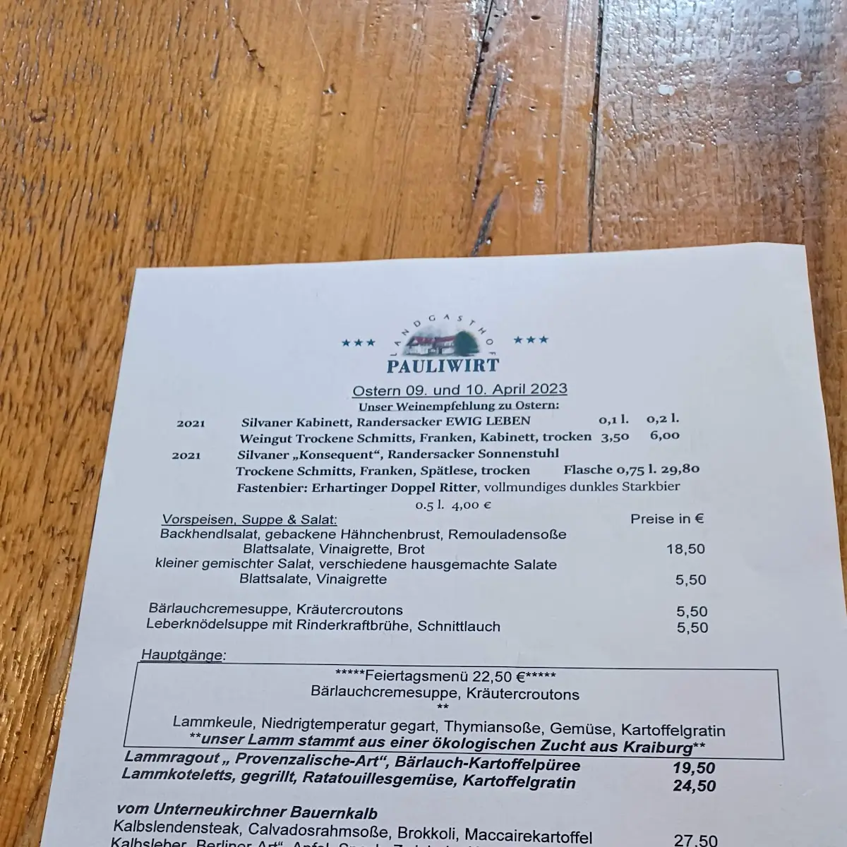 Speisekarte, Landgasthof Pauliwirt