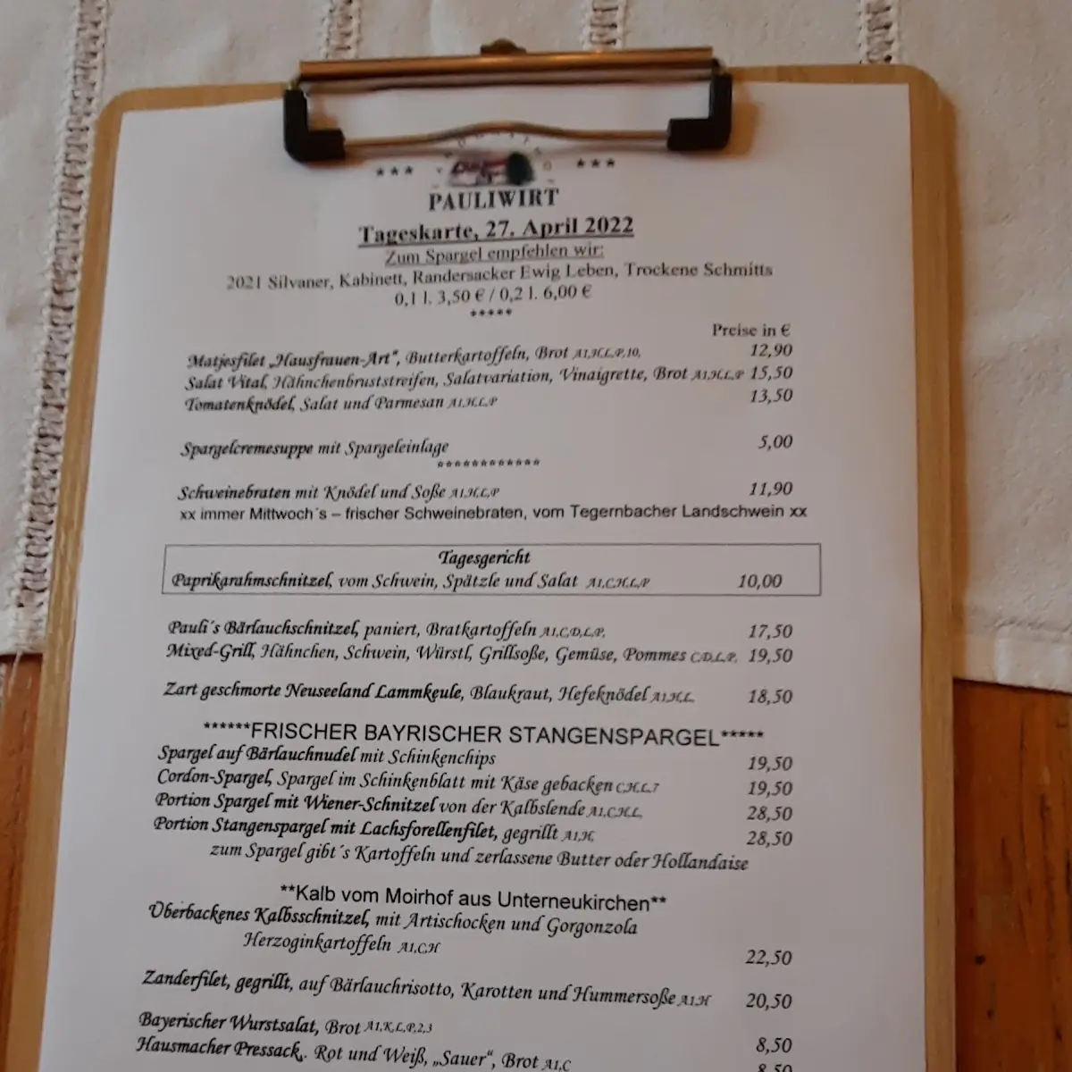 Speisekarte, Landgasthof Pauliwirt