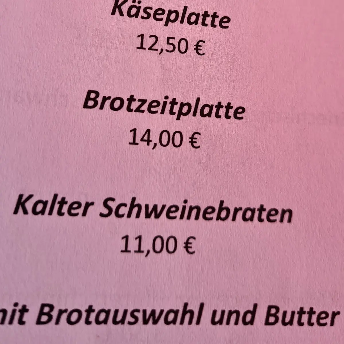 Speisekarte, Landgasthof Pauliwirt