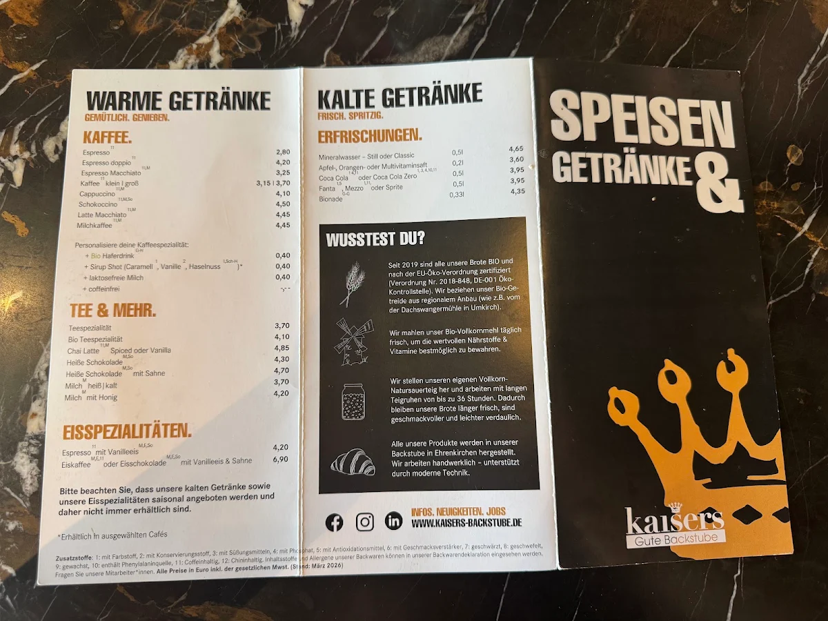 Speisekarte, Kaisers Gute Backstube