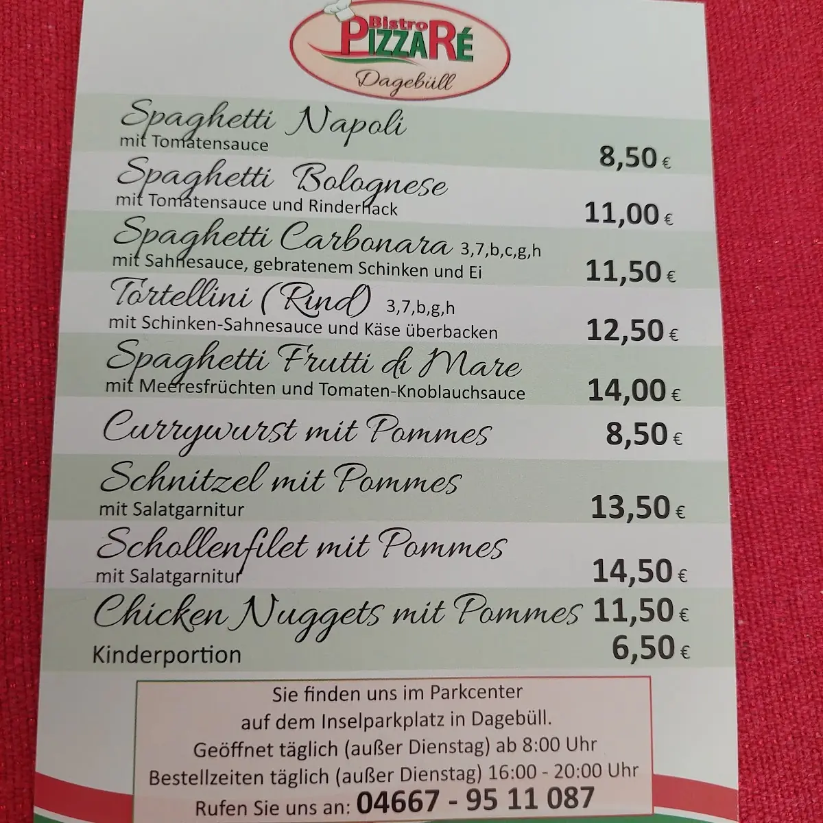 Speisekarte, Bistro PizzaRe Dagebüll