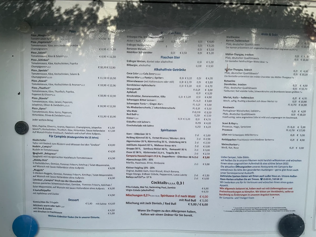 Speisekarte, Restaurant Camperia