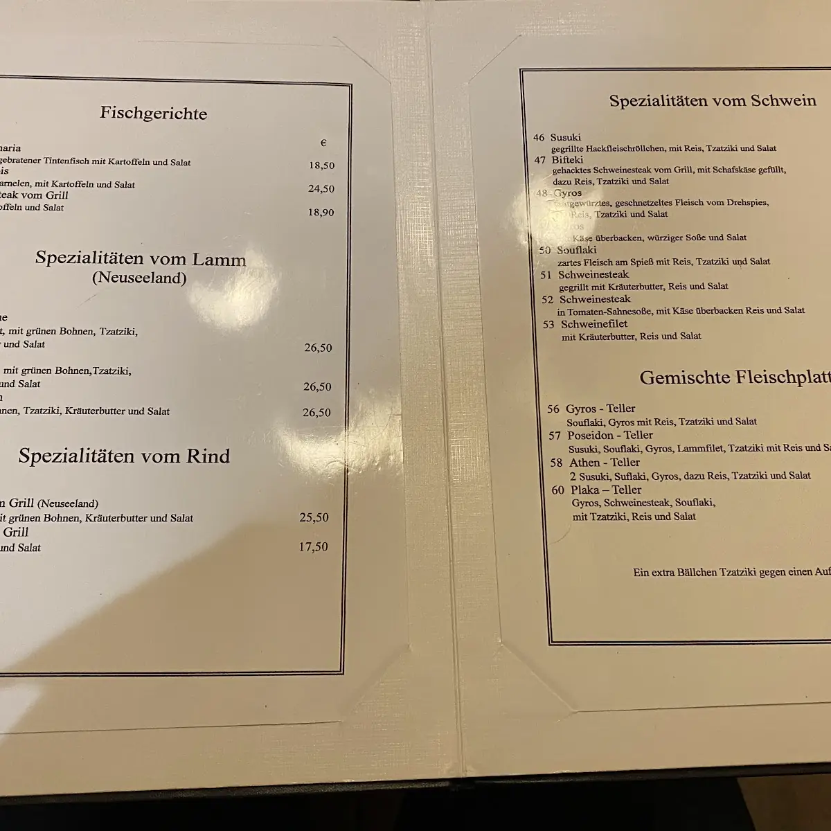Speisekarte, Restaurant Poseidon