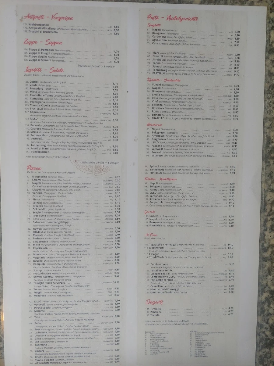 Speisekarte, Pizzeria fratello