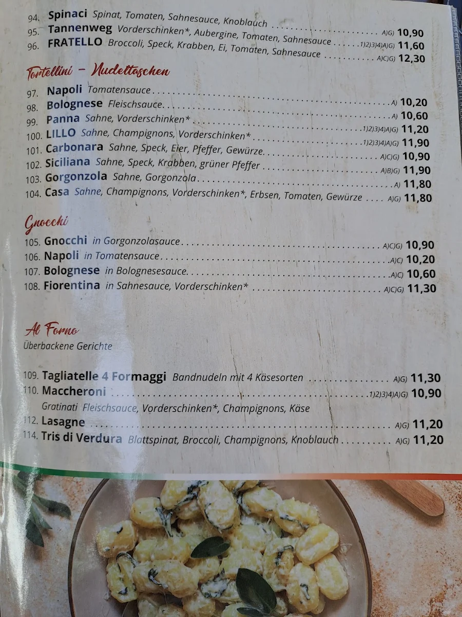 Speisekarte, Pizzeria fratello