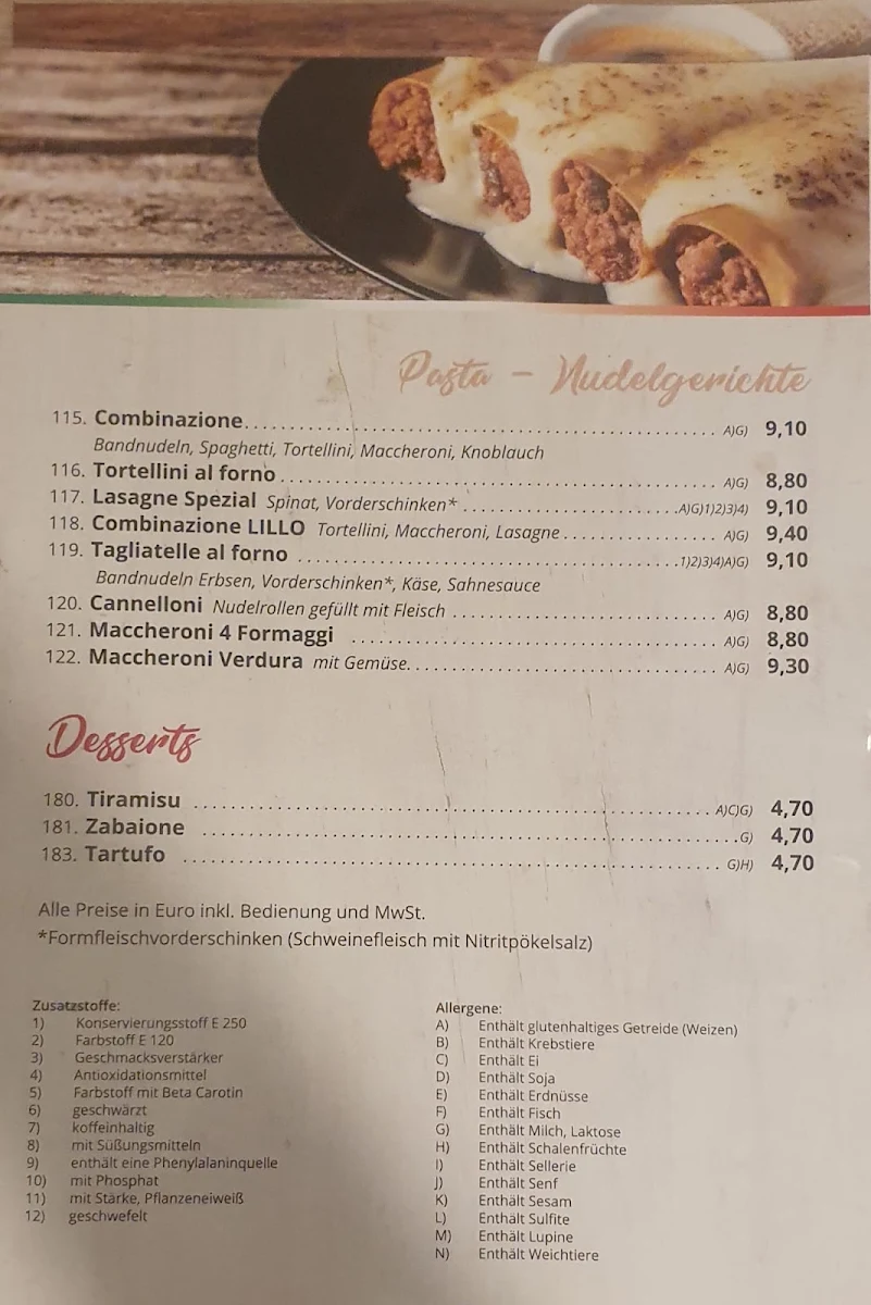 Speisekarte, Pizzeria fratello