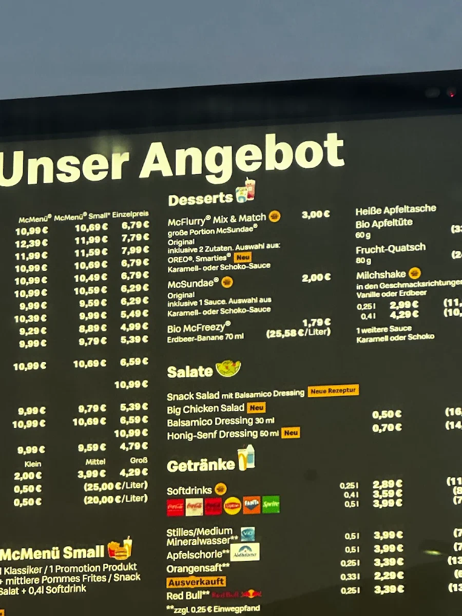 Speisekarte, McDonald's