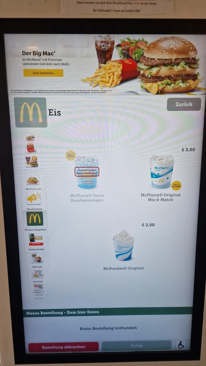 Speisekarte, McDonald's