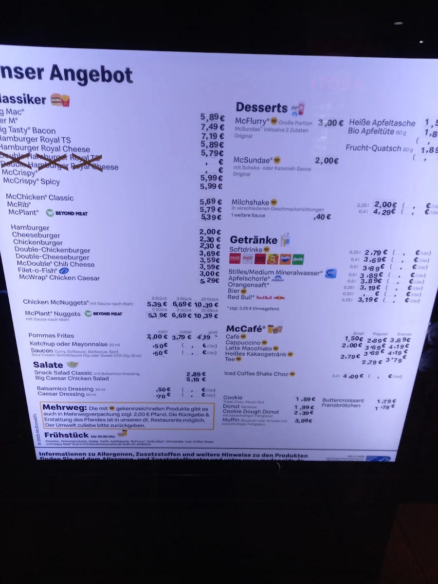 Speisekarte, McDonald's