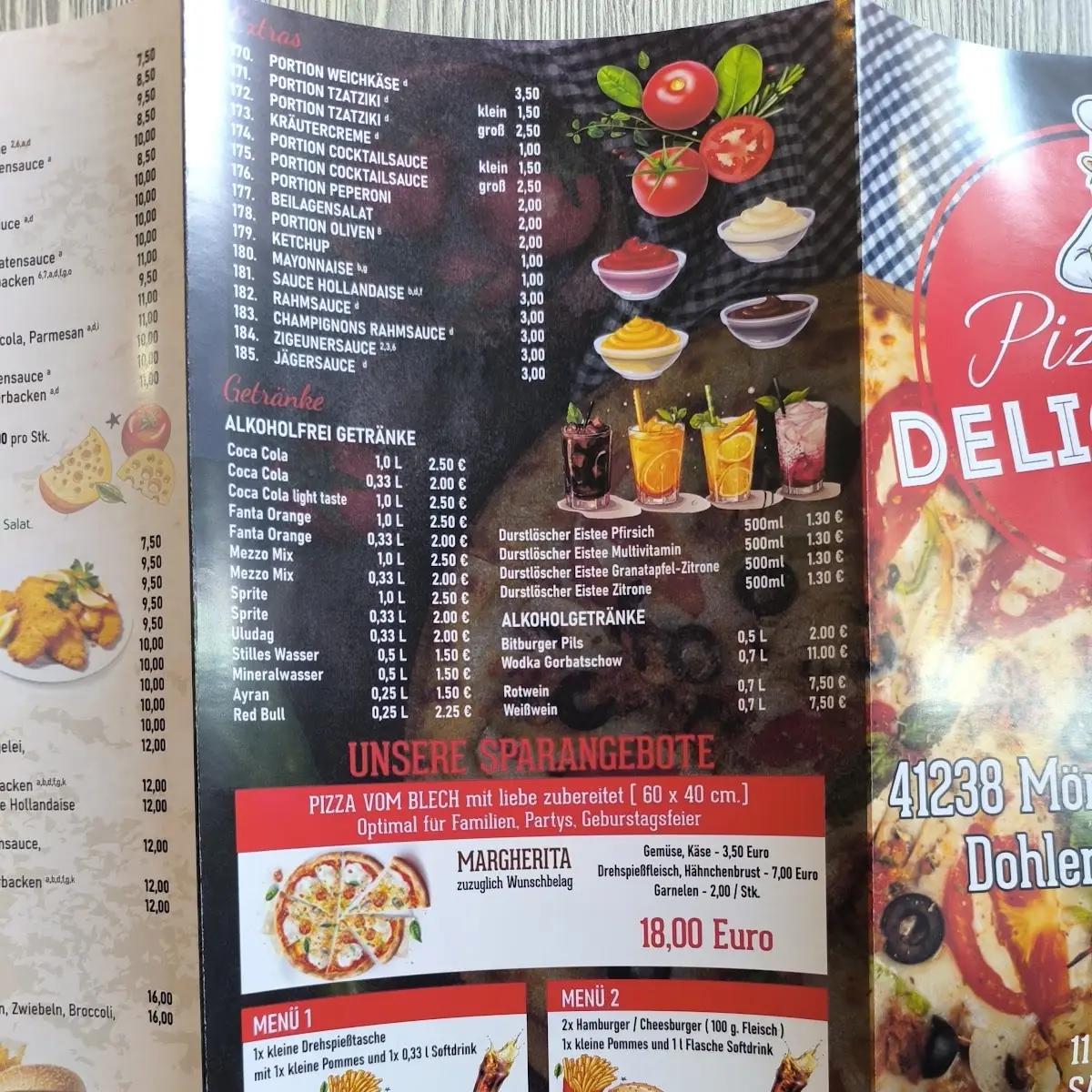 Speisekarte, Pizzaria Delicious