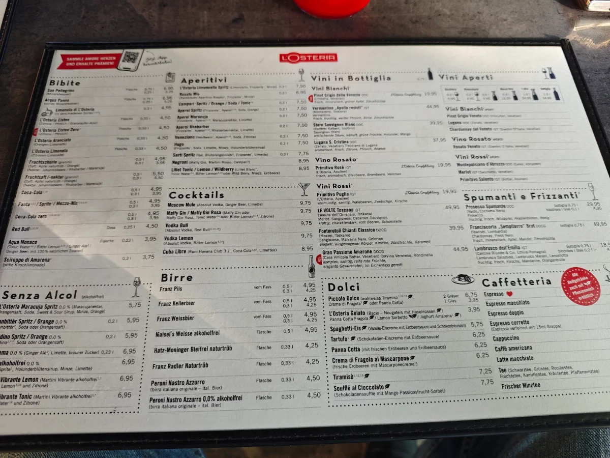 Speisekarte, L'Osteria Baden-Baden