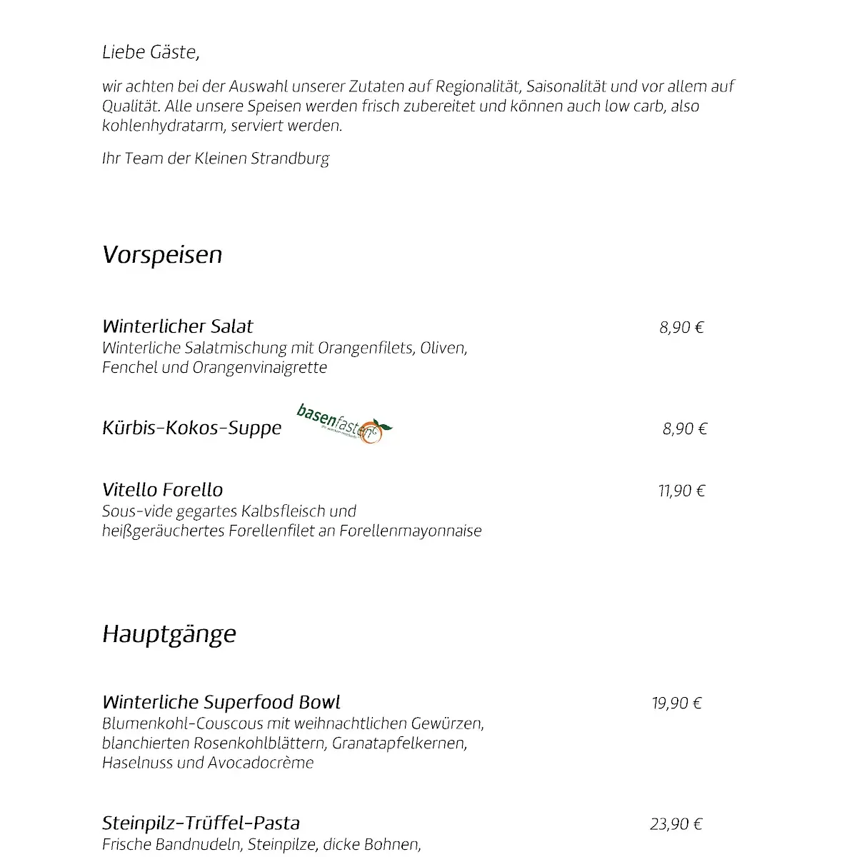 Speisekarte, Restaurant & Cafe im Hotel KLEINE STRANDBURG (Adults only 14+)